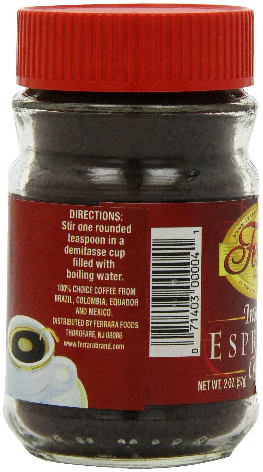 Six-pack Ferrara Instant Espresso jars on shelf for easy home brewing.
