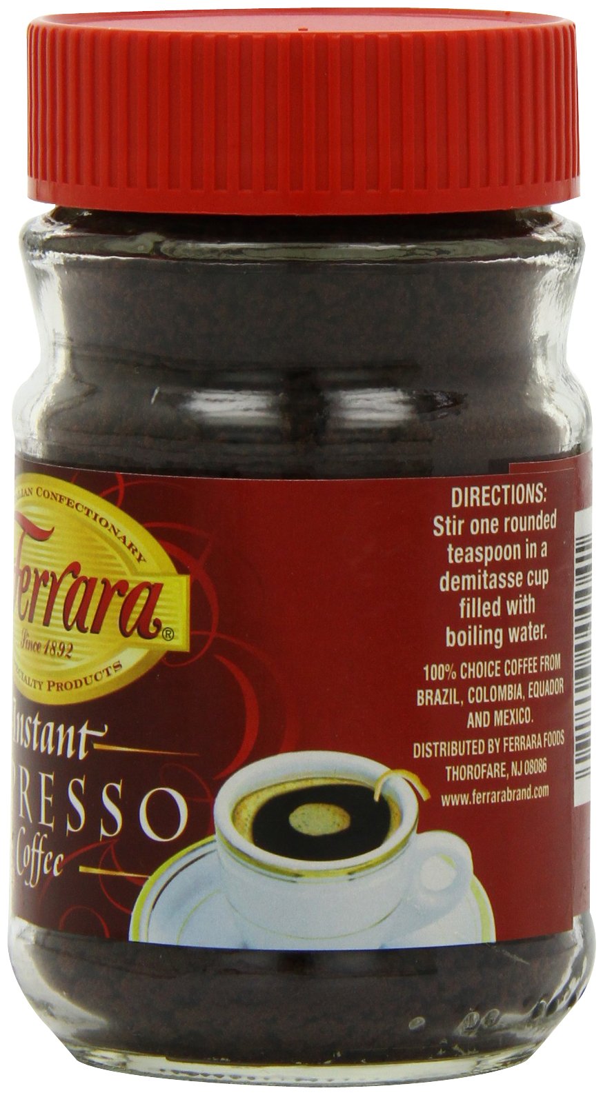 Close-up of Ferrara Instant Espresso Coffee jar label highlighting origin blend.