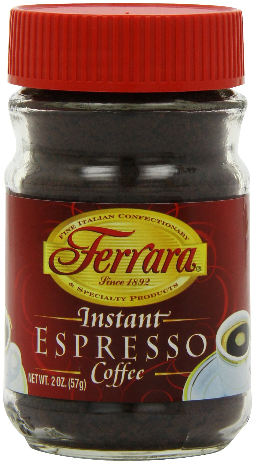 Ferrara Instant Espresso Coffee jar on counter for quick café-style shots.