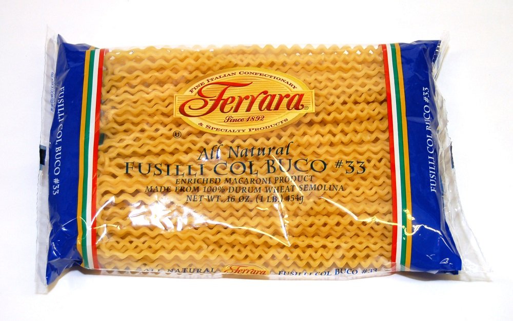 Ferrara front packaging showing long fusilli and product benefits