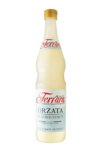 Ferrara orzata almond syrup front bottle showing label and size for easy pantry selection