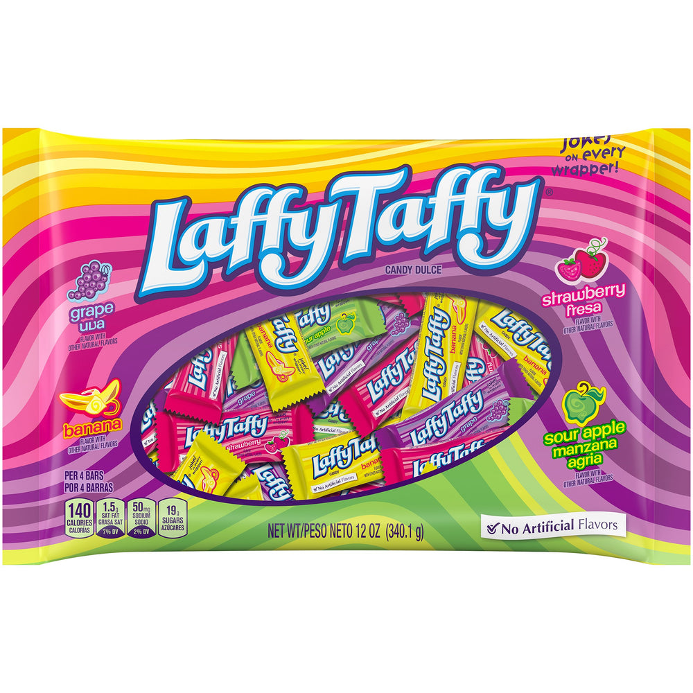 Ferrara Pan Laffy Taffy assorted mini bars bag front, ready for grab-and-go snacking.