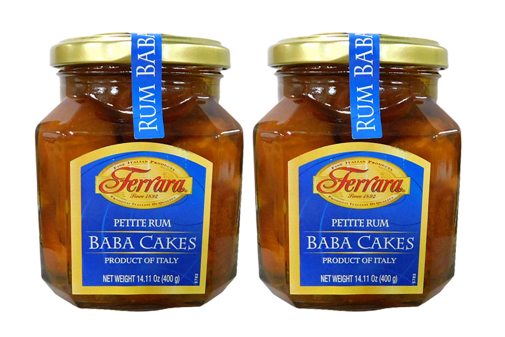 Ferrara front packaging of two petite rum baba cakes, convenient portioning benefit