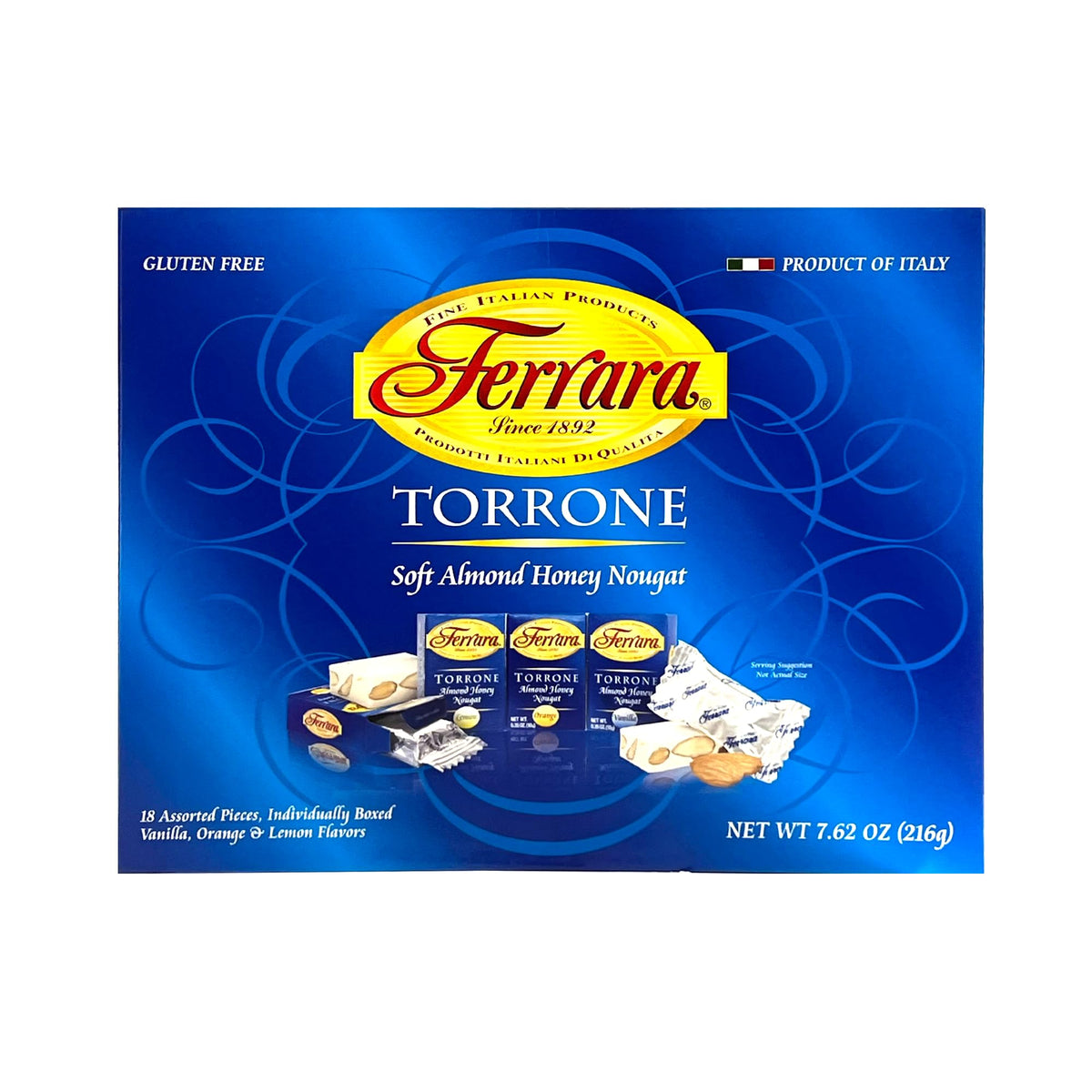 Ferrara torrone 18-piece box with almond honey nougat, ideal for gifting.