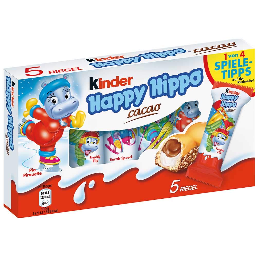 Ferrero Kinder Happy Hippo cocoa cream bar pack, kid-friendly hazelnut wafer.