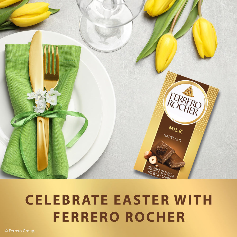 Crunchy hazelnuts and creamy filling visible in Ferrero Rocher bar.