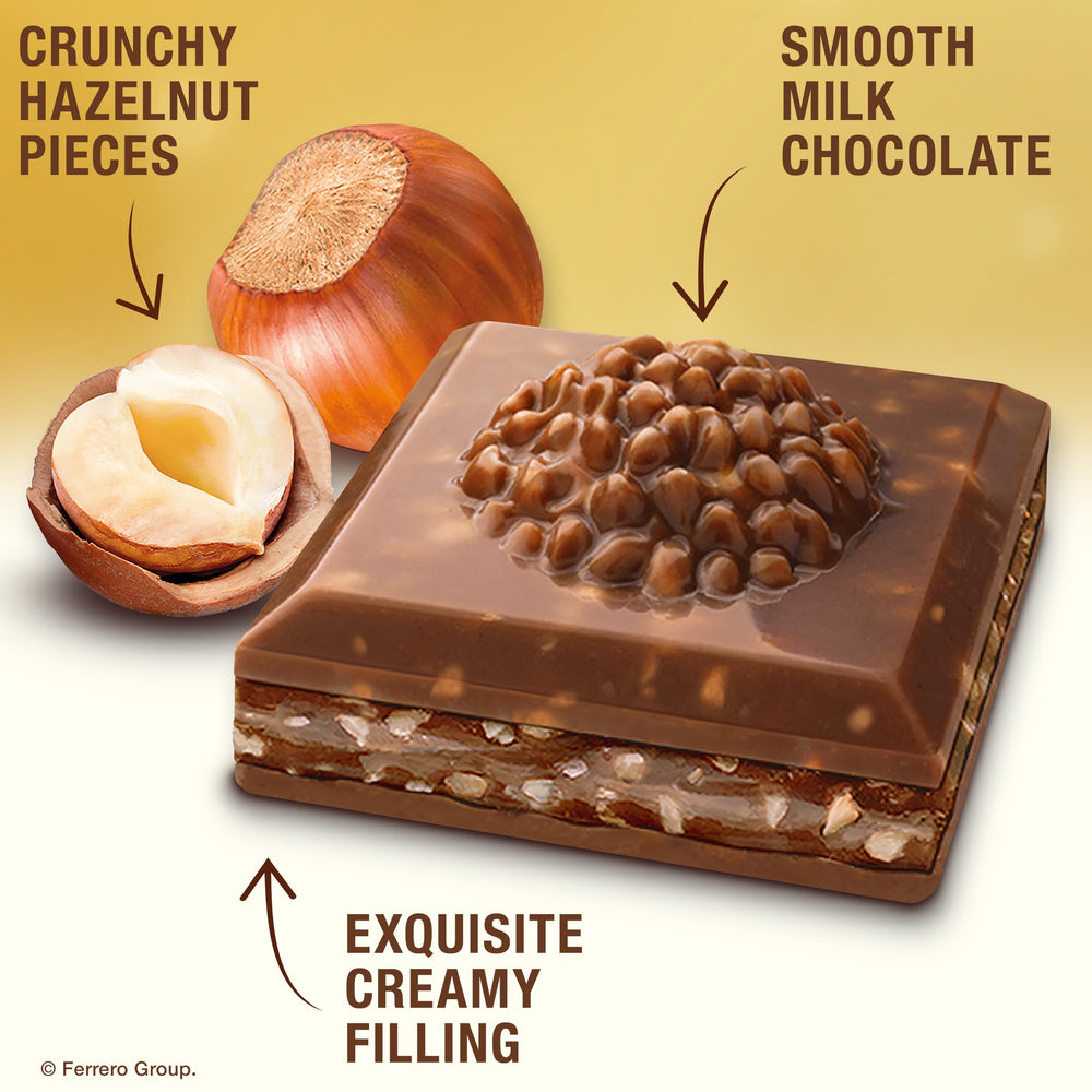 Velvety milk chocolate coating with roasted hazelnuts in Ferrero Rocher.