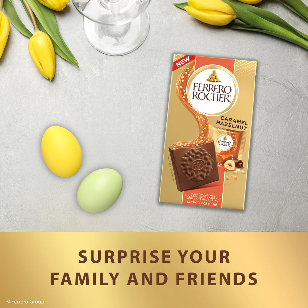 Ferrero Rocher caramel hazelnut squares Easter gift idea in festive setting.