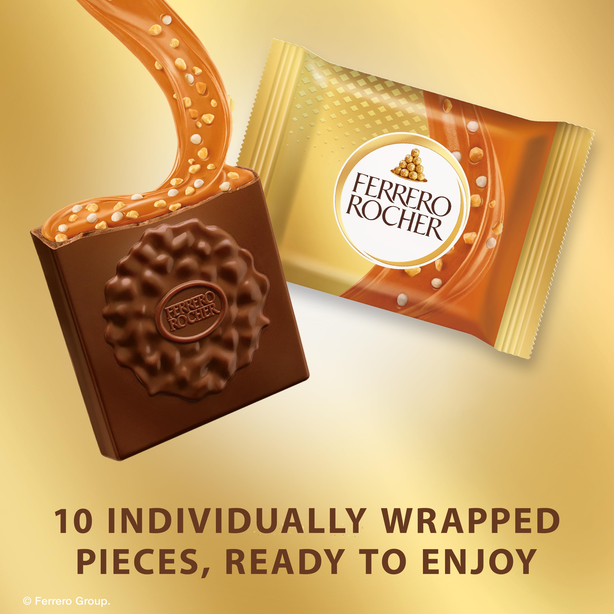 Ferrero Rocher caramel hazelnut squares gold stand-up bag highlights premium presentation.