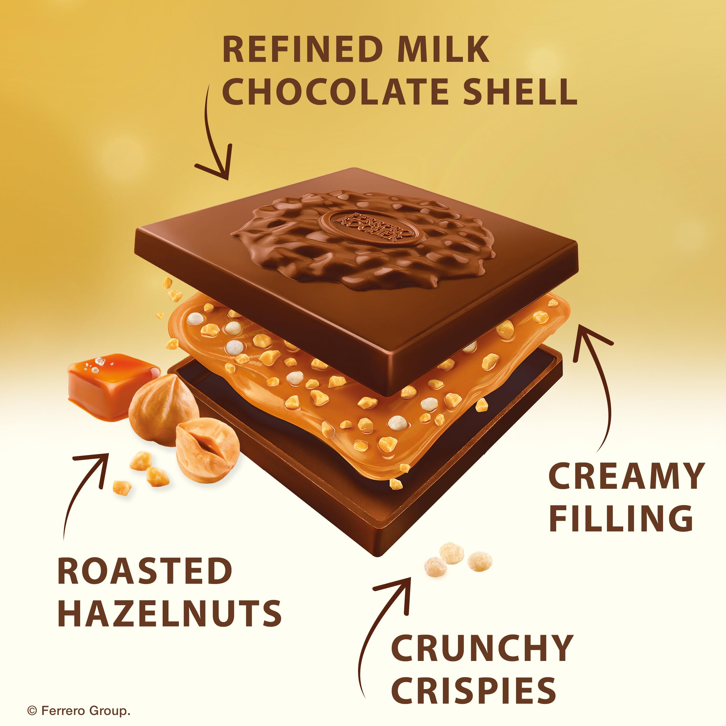 Ferrero Rocher caramel hazelnut squares close-up of roasted hazelnuts and crispies.