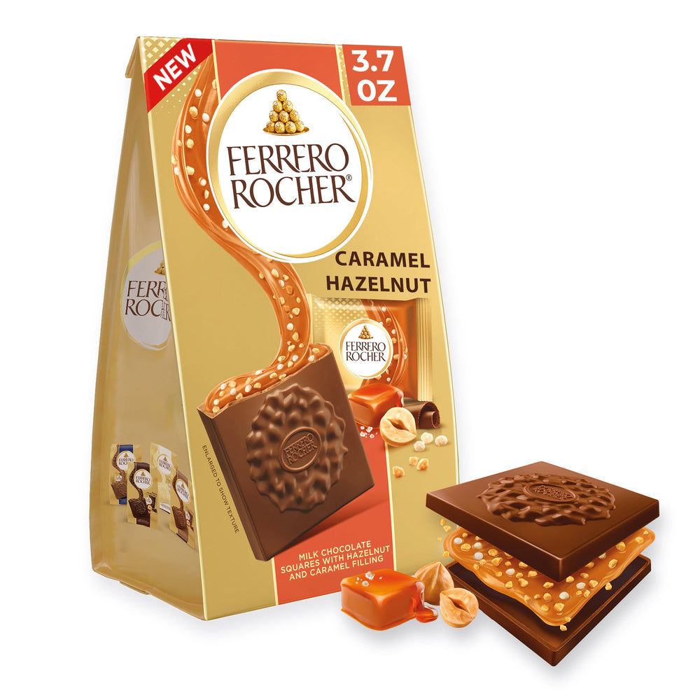 Ferrero Rocher caramel hazelnut squares packaging showcases an elegant gift-ready presentation.