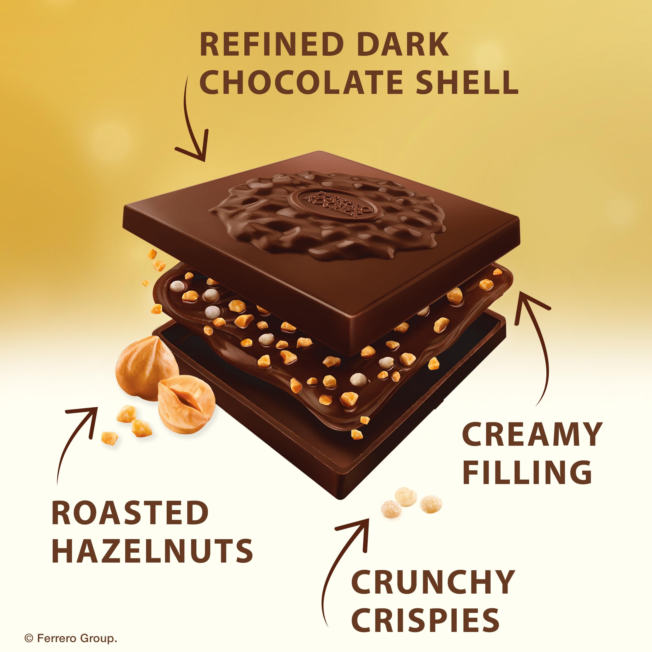Close-up of glossy dark chocolate with hazelnuts and creamy center.