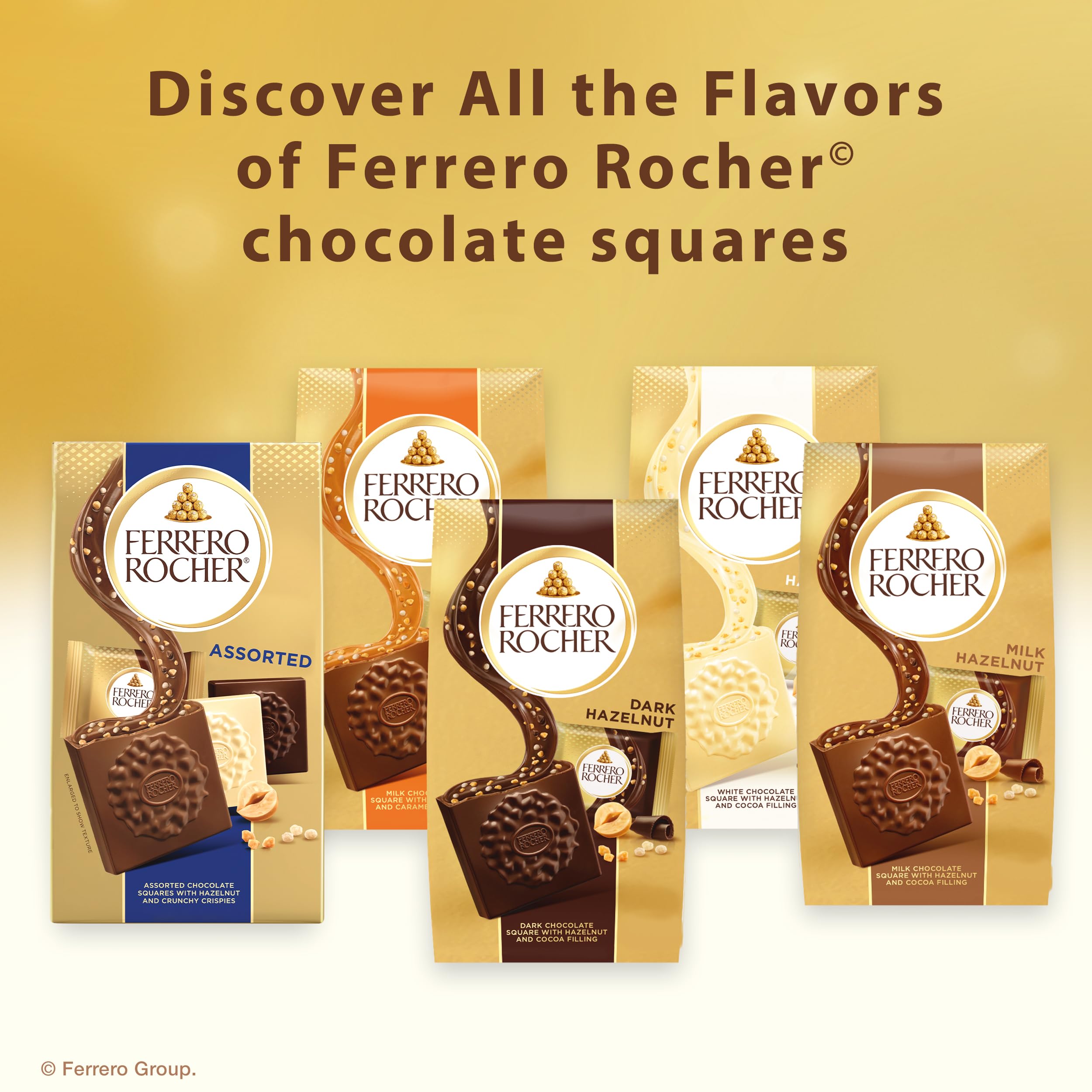 Ferrero Rocher milk hazelnut squares in gold foil packaging for gifting.