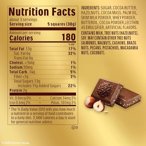 Ferrero Rocher milk chocolate bar cross-section reveals cocoa filling and hazelnut crunch.