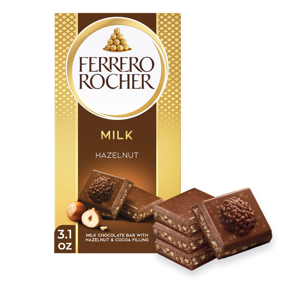 Ferrero Rocher milk chocolate bar exterior in golden packaging, ideal Valentine's gift.