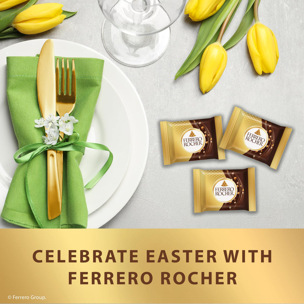 Open pack of Ferrero Rocher chocolates showing hazelnuts and crisp texture.