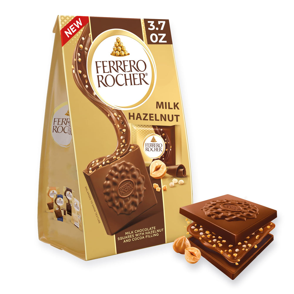 Ferrero Rocher premium milk hazelnut squares packaging displayed, ideal for gifting.