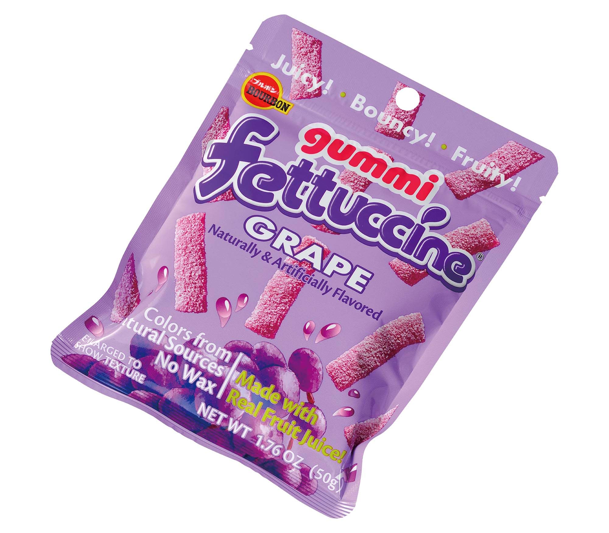 Fettuccine Gummi grape candy pack highlights pasta-inspired shape for playful snacking.