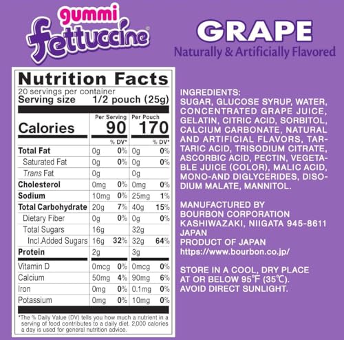 Sour powder dusting on grape strips adds a tangy bite.
