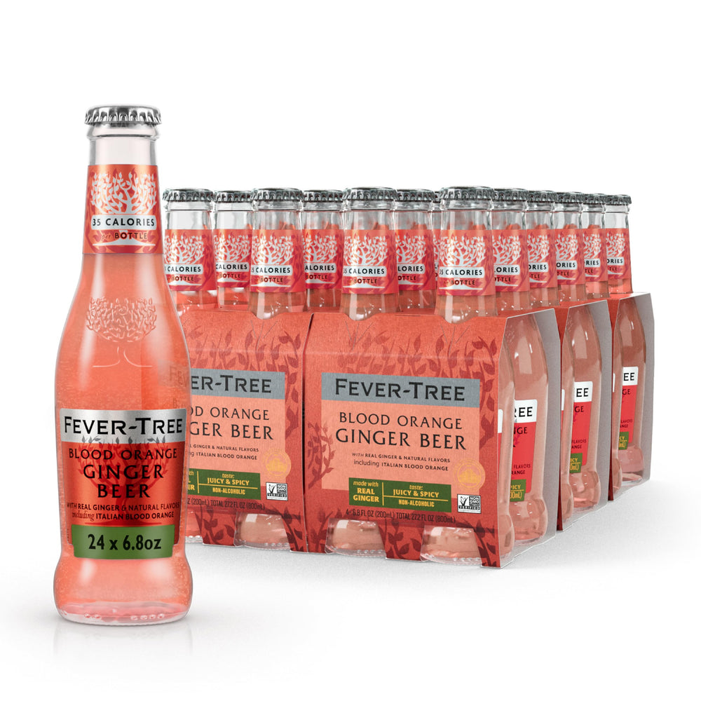 Fever-Tree Blood Orange Ginger Beer bottle—balanced citrus flavor for cocktails and mocktails.