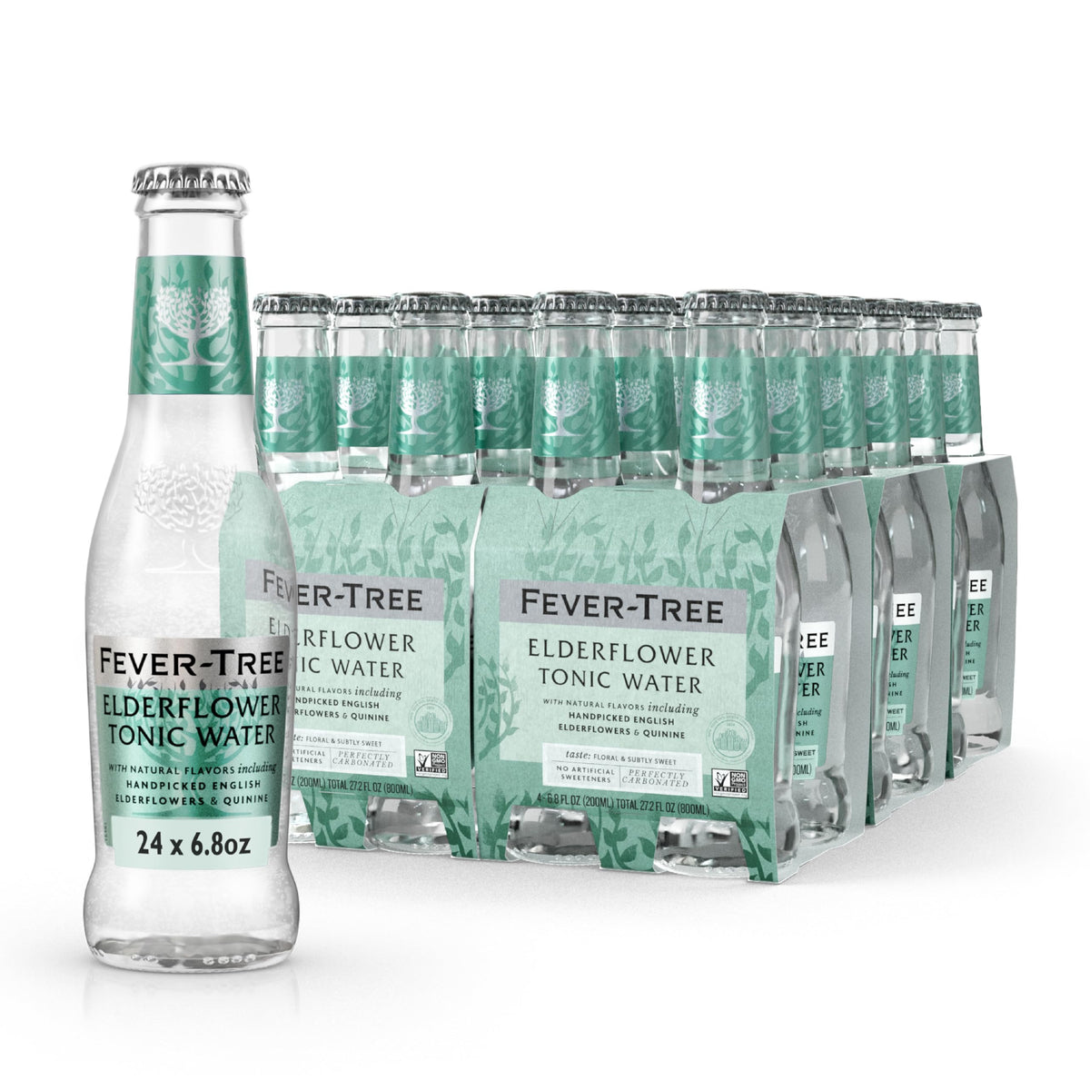 Fever-Tree Elderflower Tonic Water glass bottle close-up showing premium packaging
