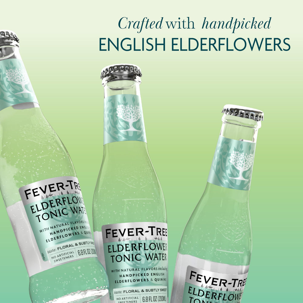 Close-up of Fever-Tree Elderflower Tonic Water label on glass bottle