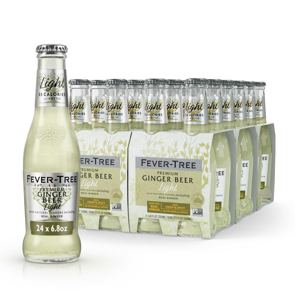 Fever-Tree Light Ginger Beer bottle front showing a crisp, lower-calorie refreshment.