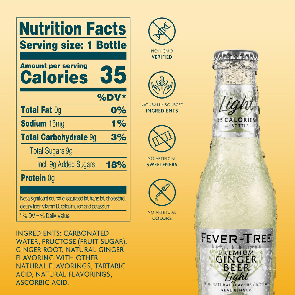 Fever-Tree Light Ginger Beer label close-up highlighting natural ingredients.