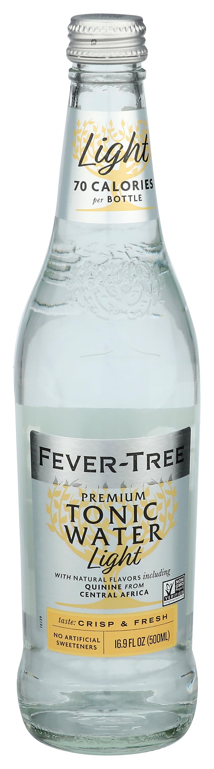 Fever-Tree tonic water bottle close-up highlighting crisp, natural ingredients.