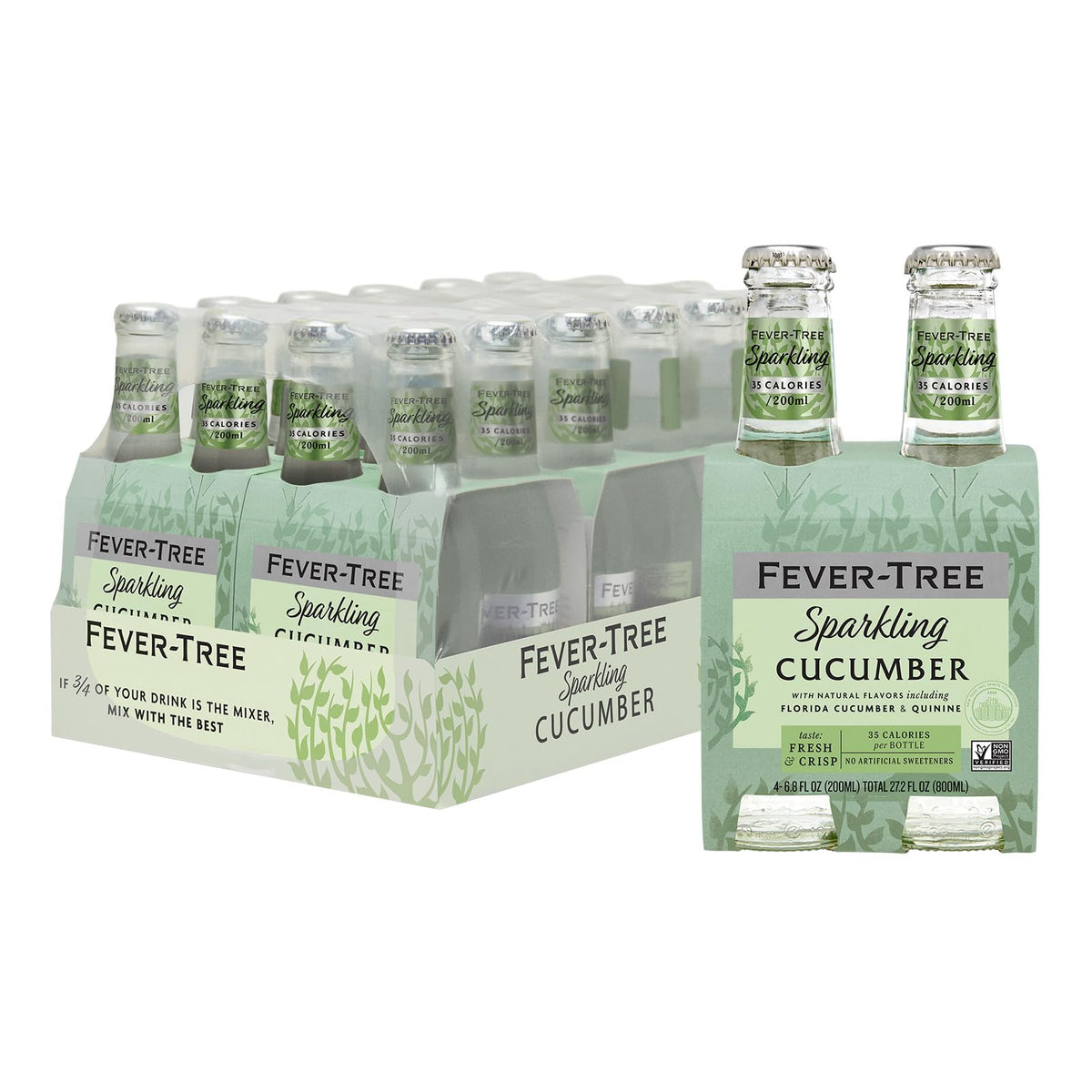Fever-Tree Sparkling Cucumber bottle showcases crisp cucumber flavor for cocktails and mocktails.
