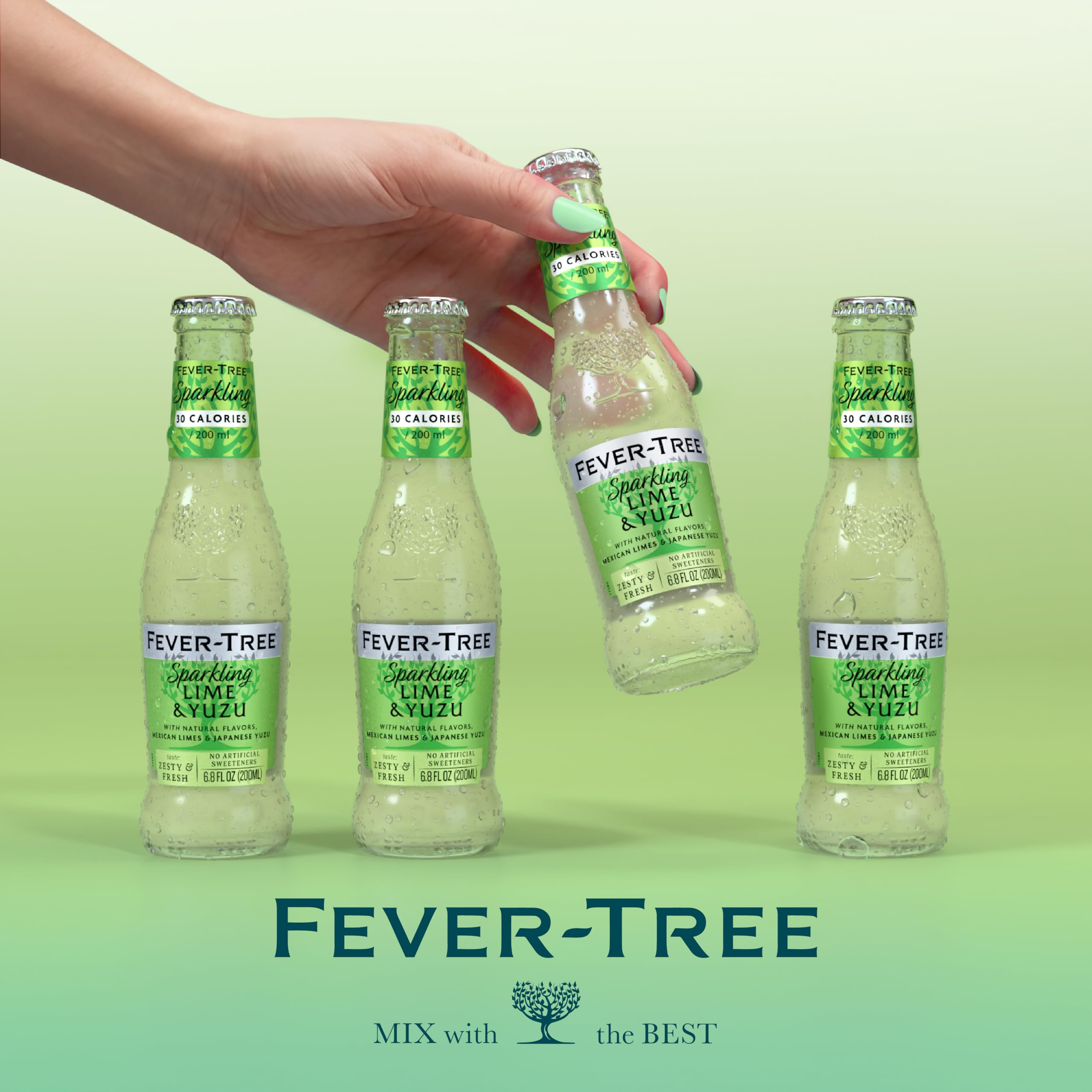 Close-up of bubbles on Fever-Tree Sparkling Yuzu & Lime label signaling premium quality.