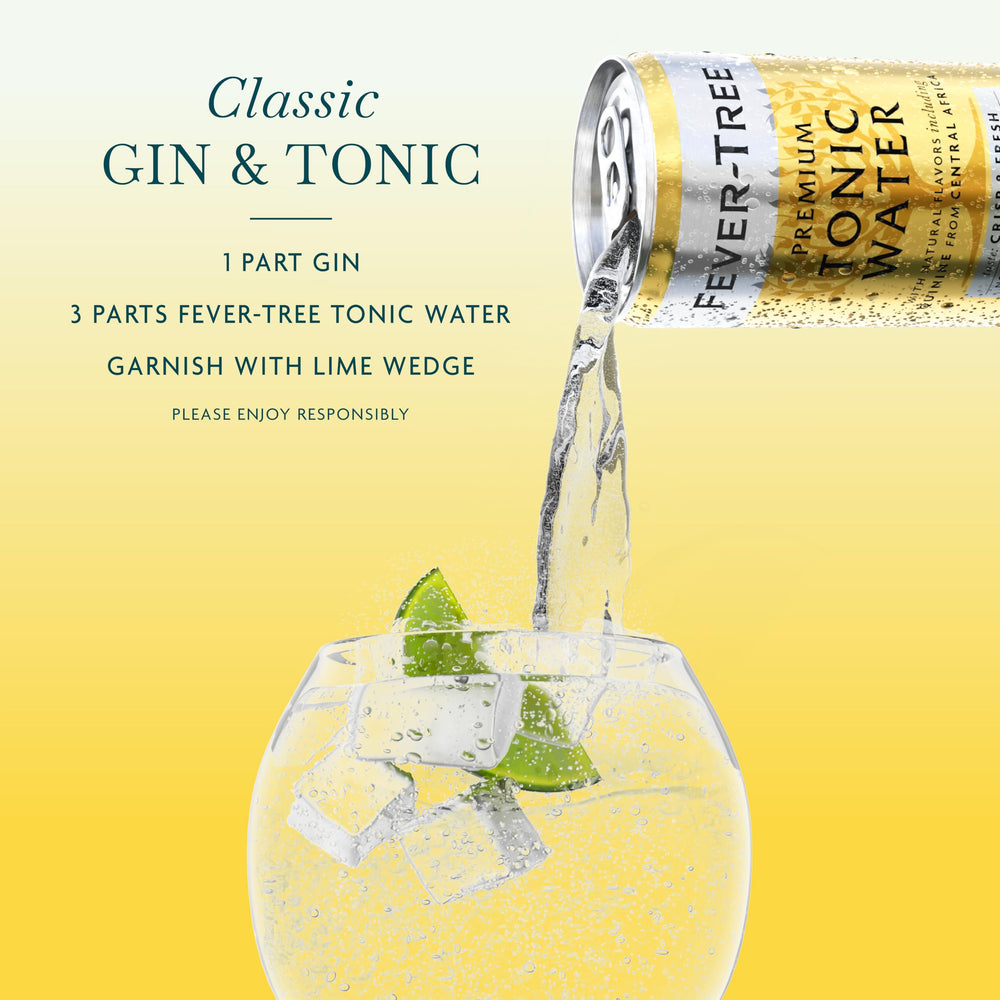 Fever-Tree tonic water label close-up highlights natural ingredients.