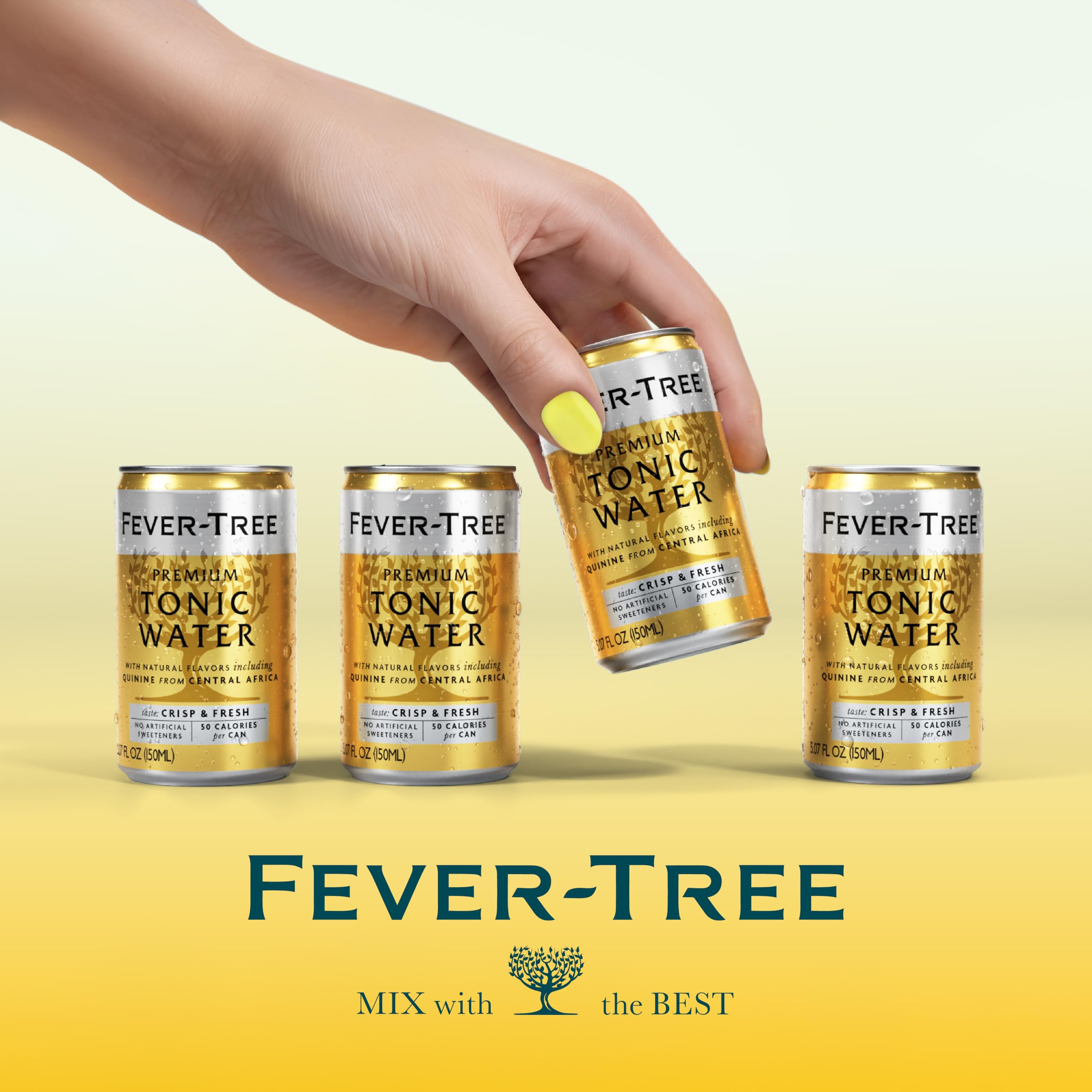 Fever-Tree tonic water bottle with natural ingredients on label.