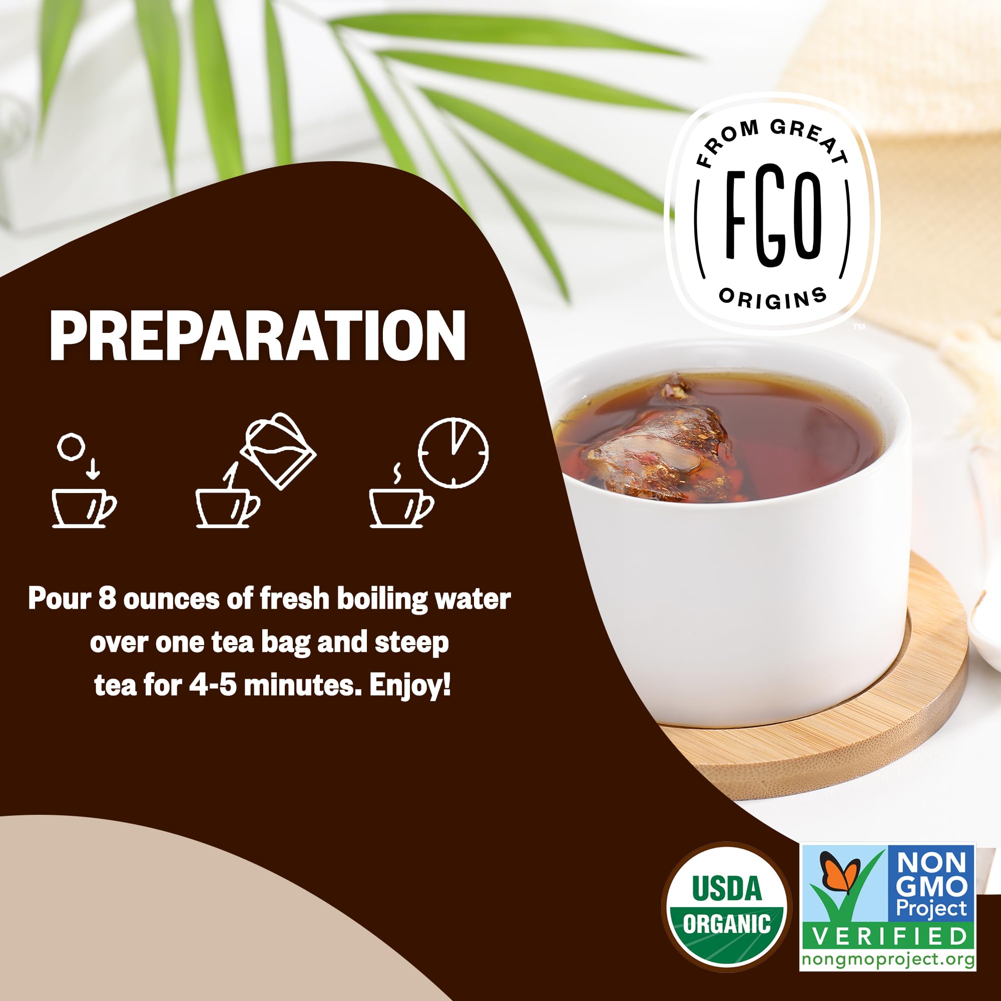 FGO Organic Chai Tea bags show no dyes or adhesives for purer sip