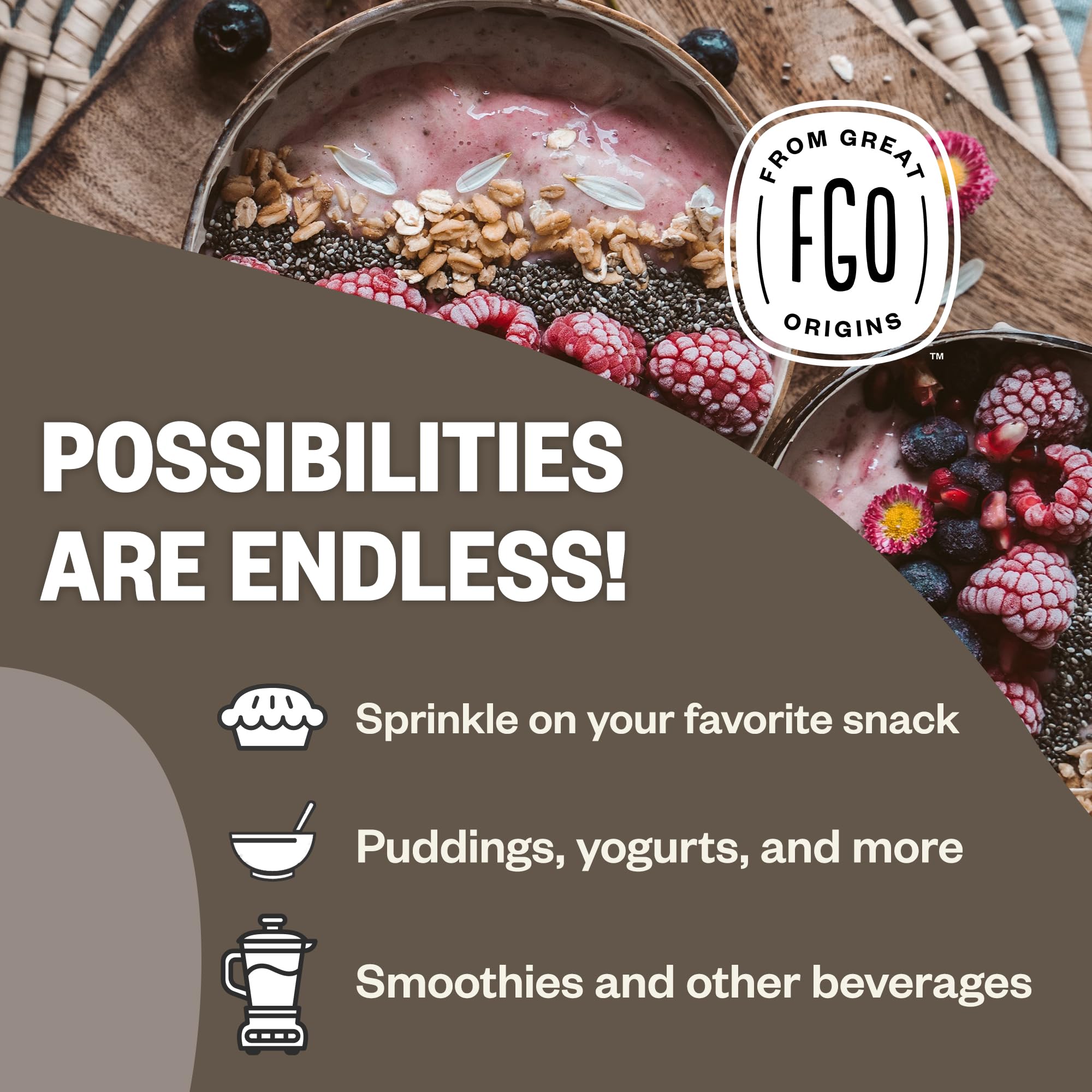 FGO resealable bag of chia seeds kept fresh for daily use.