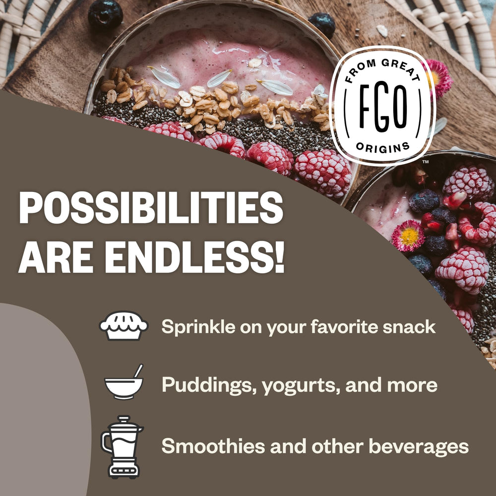 FGO resealable bag of chia seeds kept fresh for daily use.