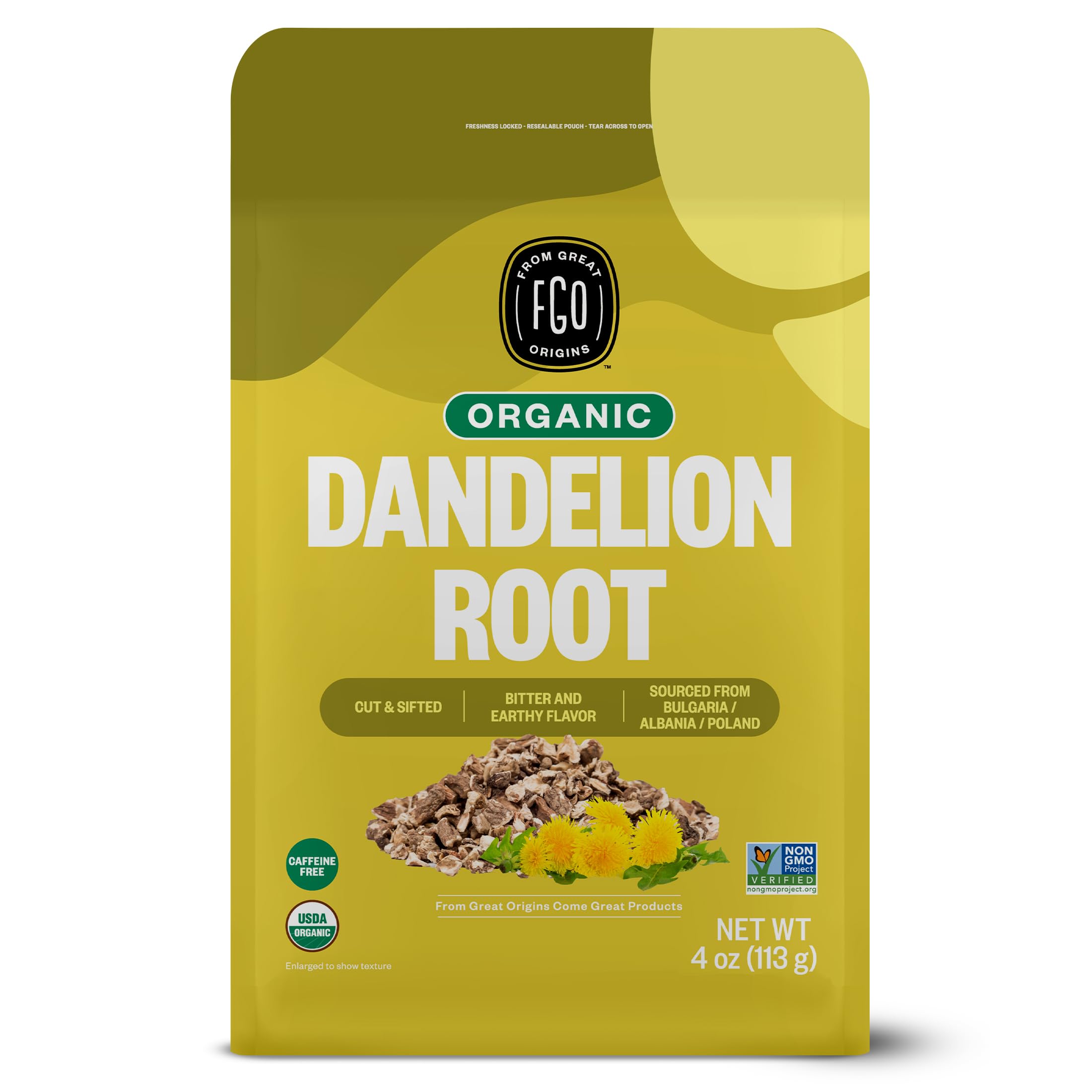 FGO Dandelion Root cut and sifted in bag for easy hot tea preparation.
