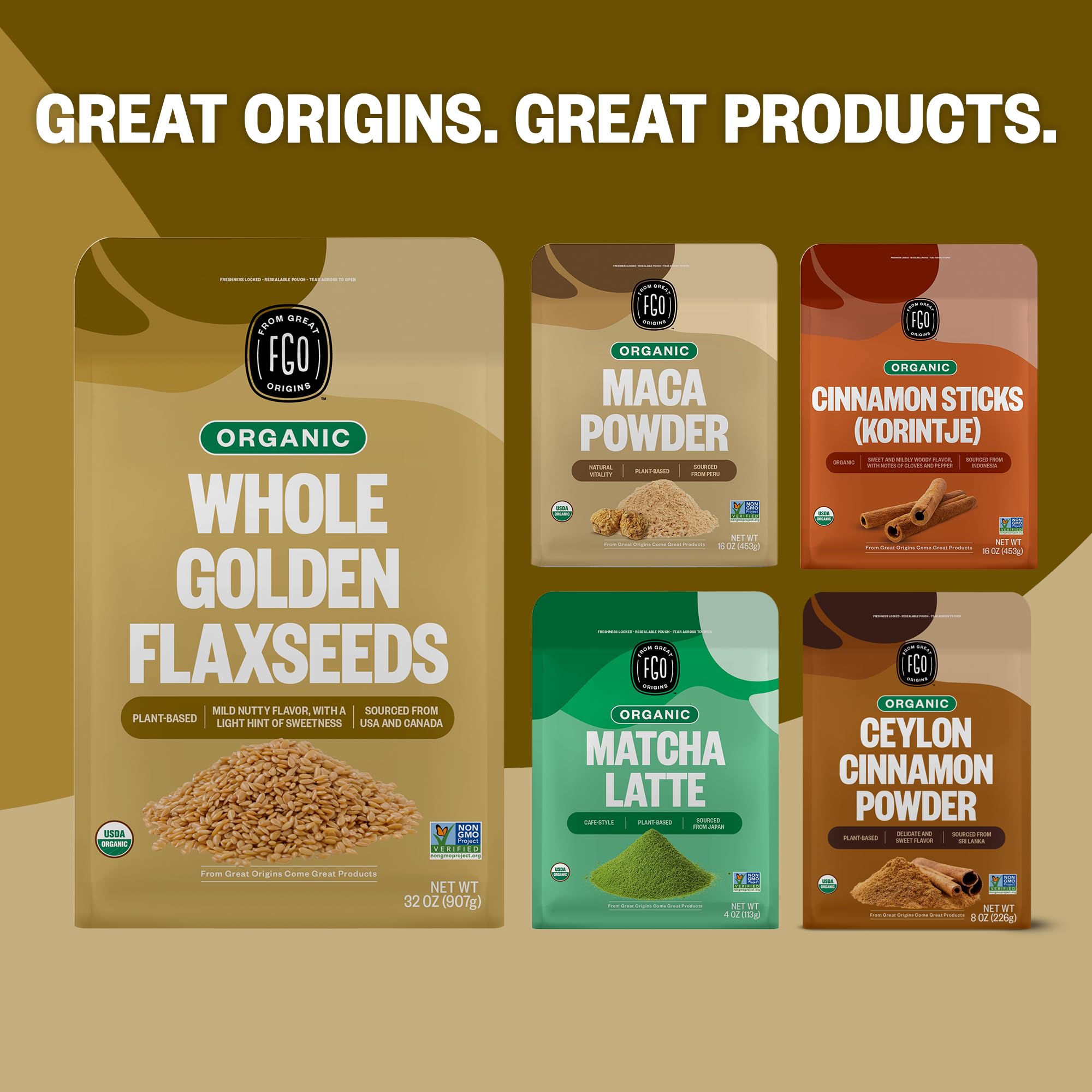 FGO Flax seeds origin USA and Canada label emphasizing sourcing.