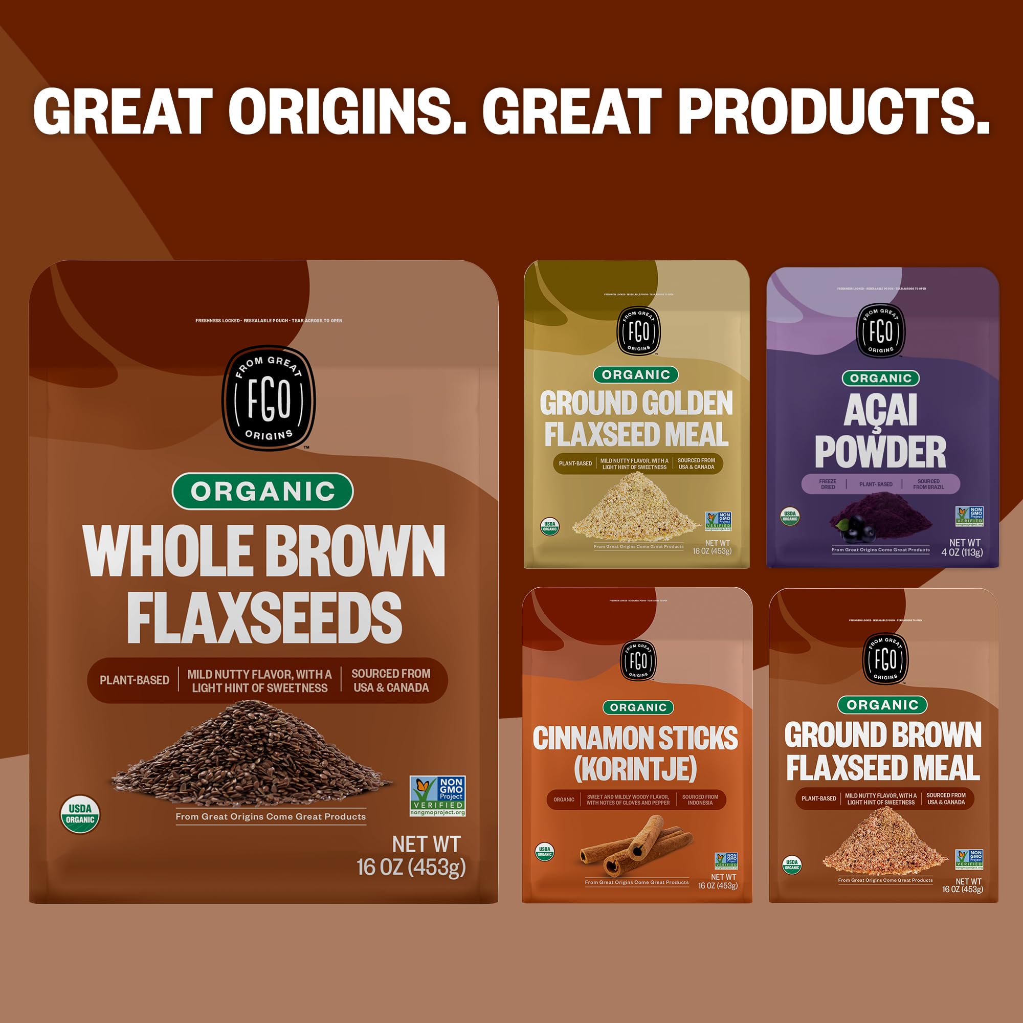 Label on FGO packaging highlights organic, cold milled flaxseed meal.