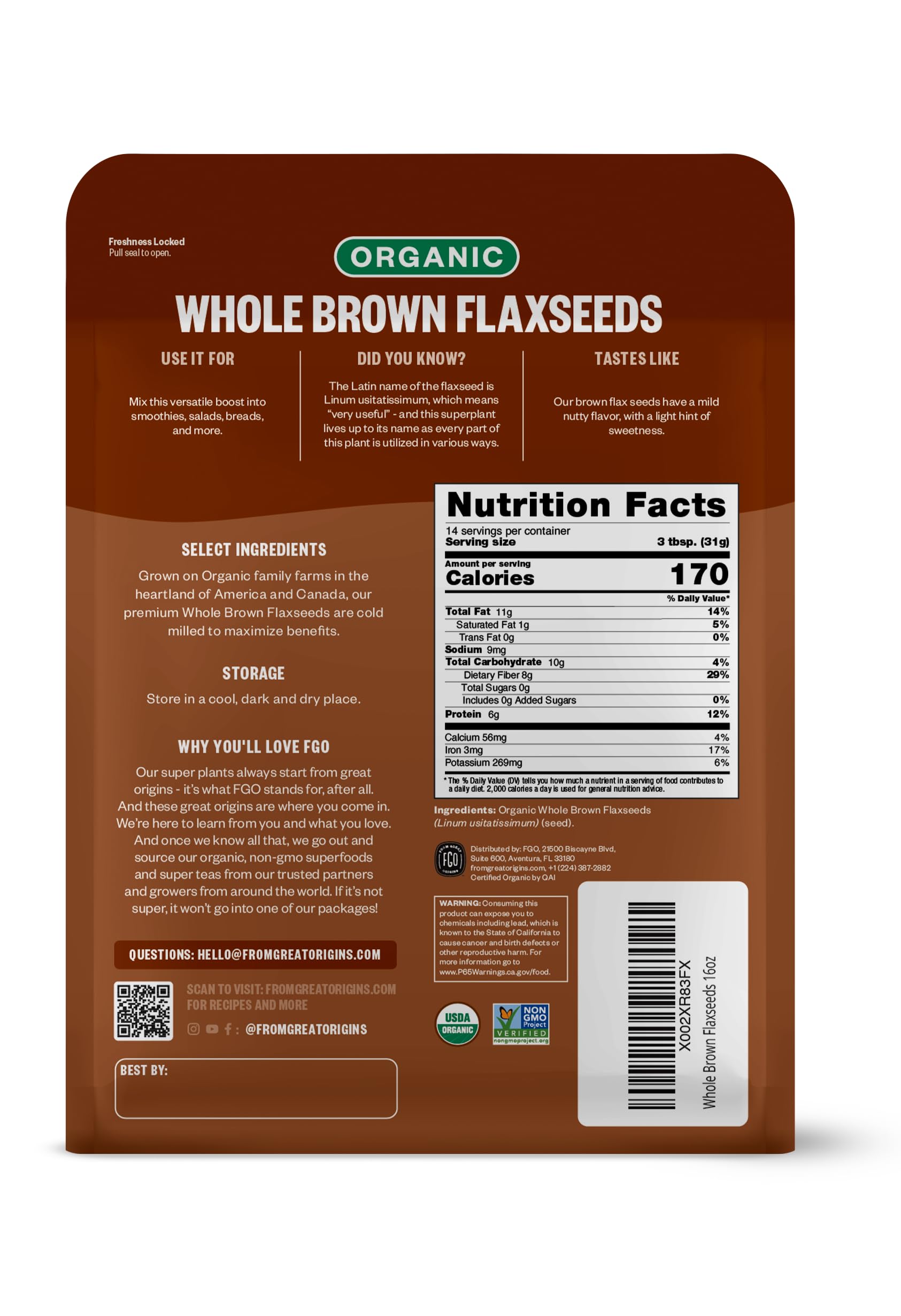 Close-up of FGO flaxseed meal powder showing fine texture and rich color.