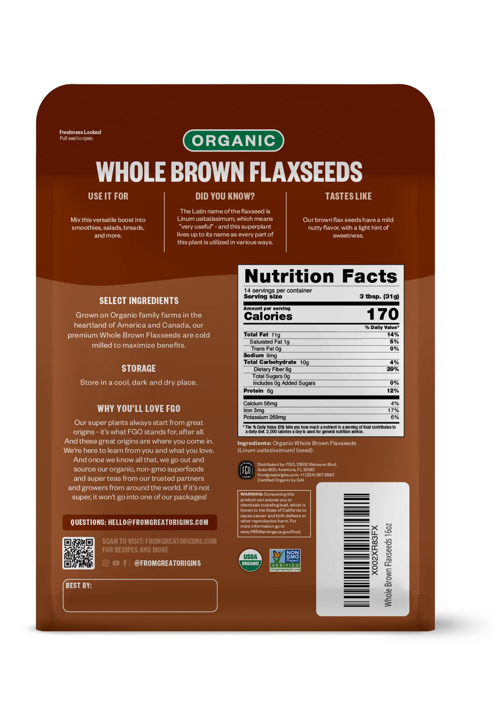 Close-up of FGO flaxseed meal powder showing fine texture and rich color.