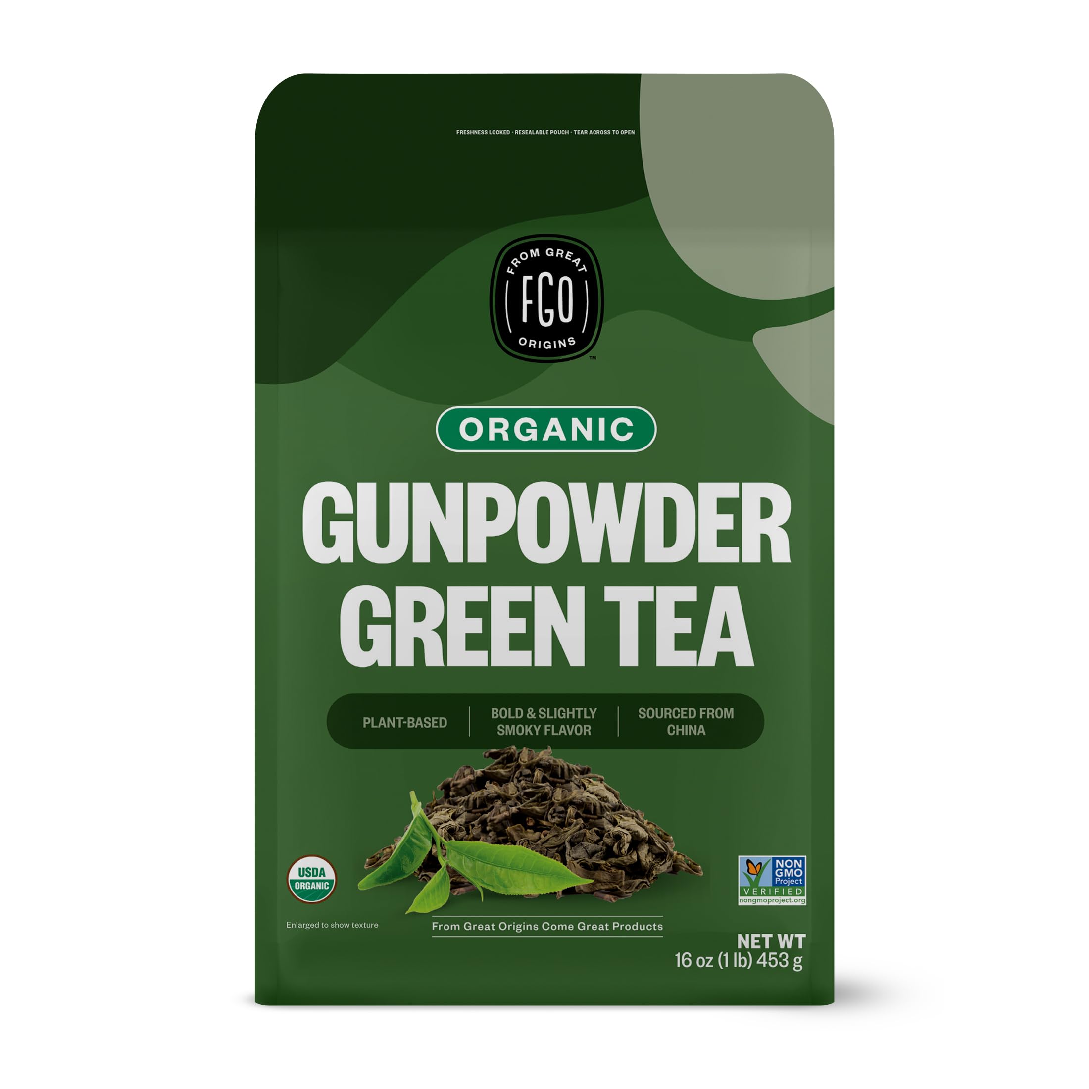 FGO Organic Gunpowder Green Tea bulk bag closeup showing fresh leaves and packaging