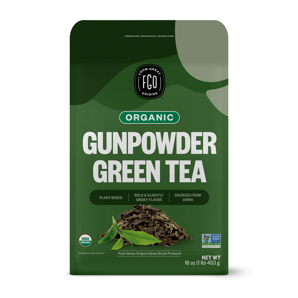 FGO Organic Gunpowder Green Tea bulk bag closeup showing fresh leaves and packaging