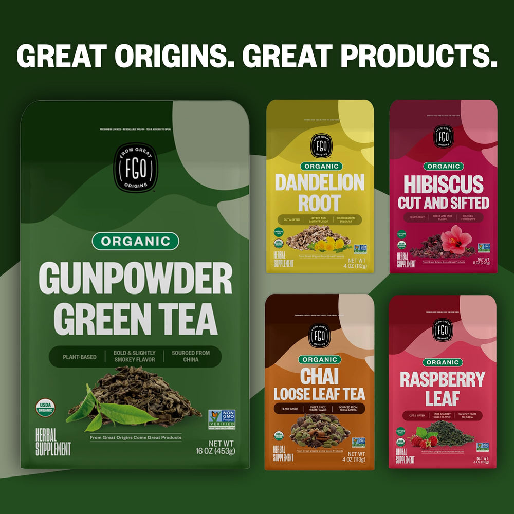 FGO Gunpowder Green Tea displayed on a store shelf