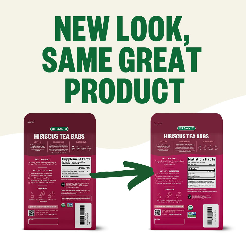 FGO hemp fiber tea bag shown; dye-free, glue-free packaging supports clean flavor