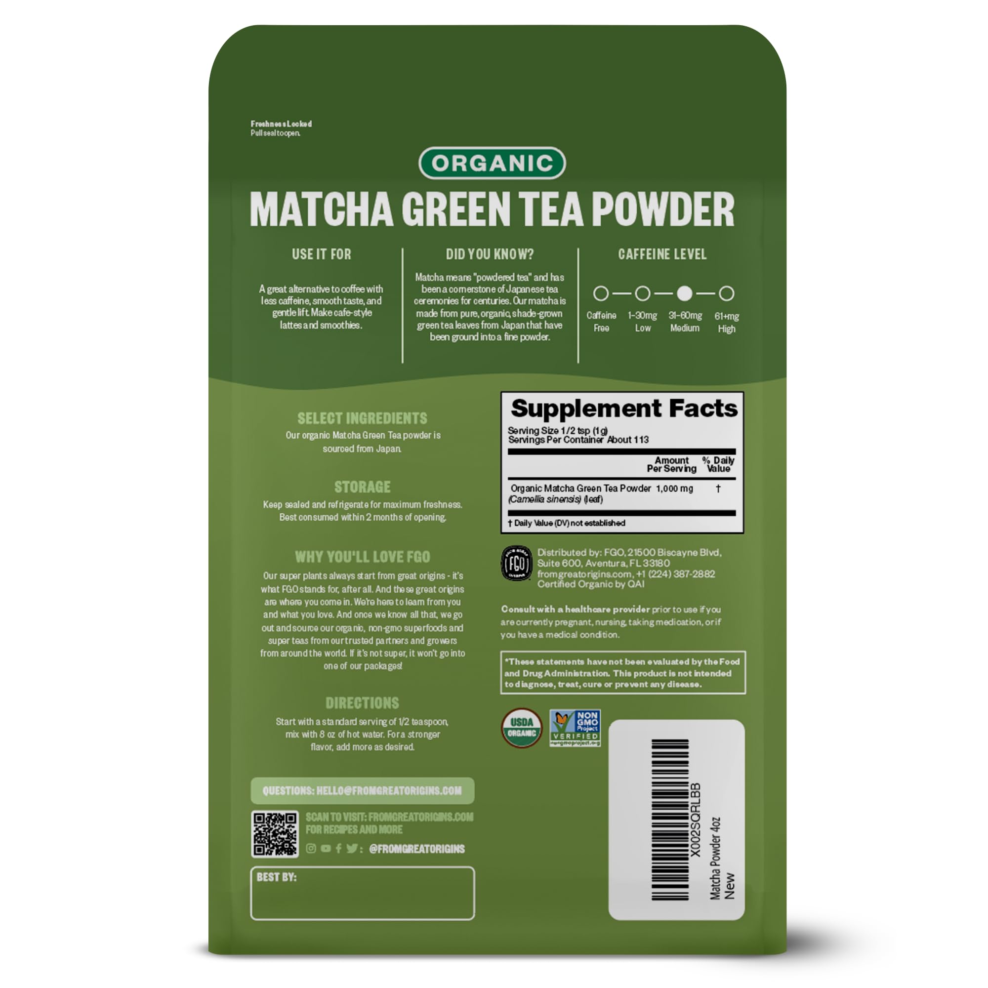 FGO matcha powder closeup highlights fine grind for whisking and drinks