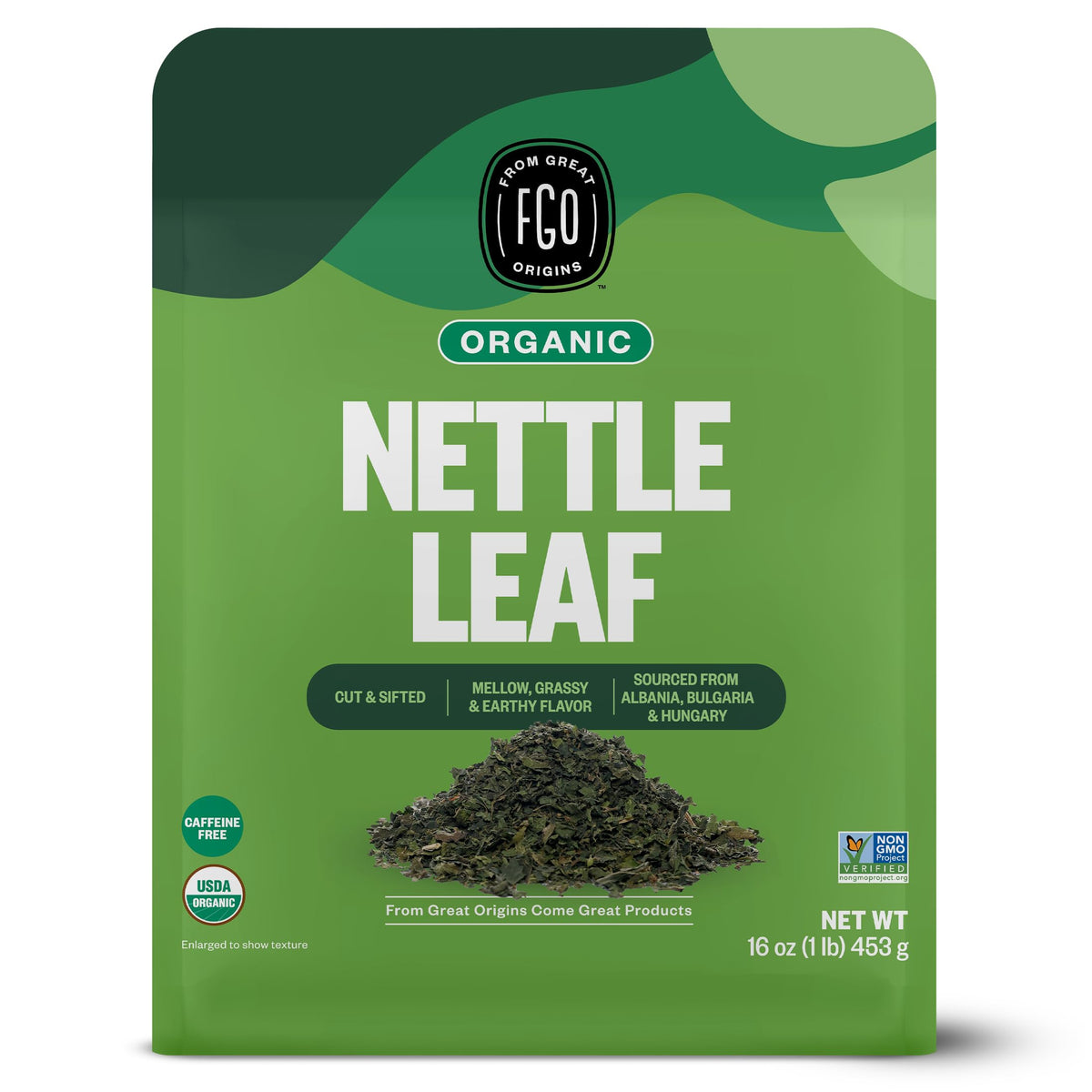 FGO nettle leaf tea bulk resealable bag keeps freshness for easy stocking.