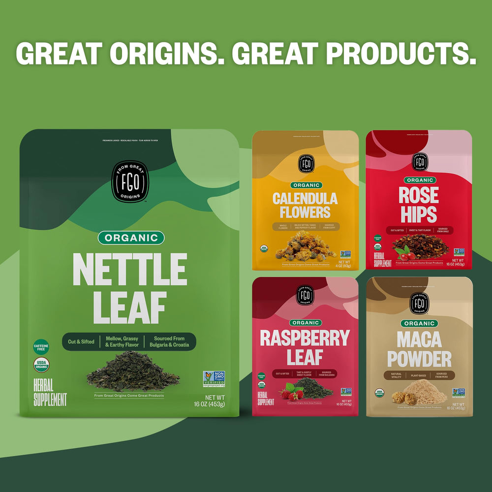FGO nettle leaf tea packaging varies; USDA Organic seal shown.