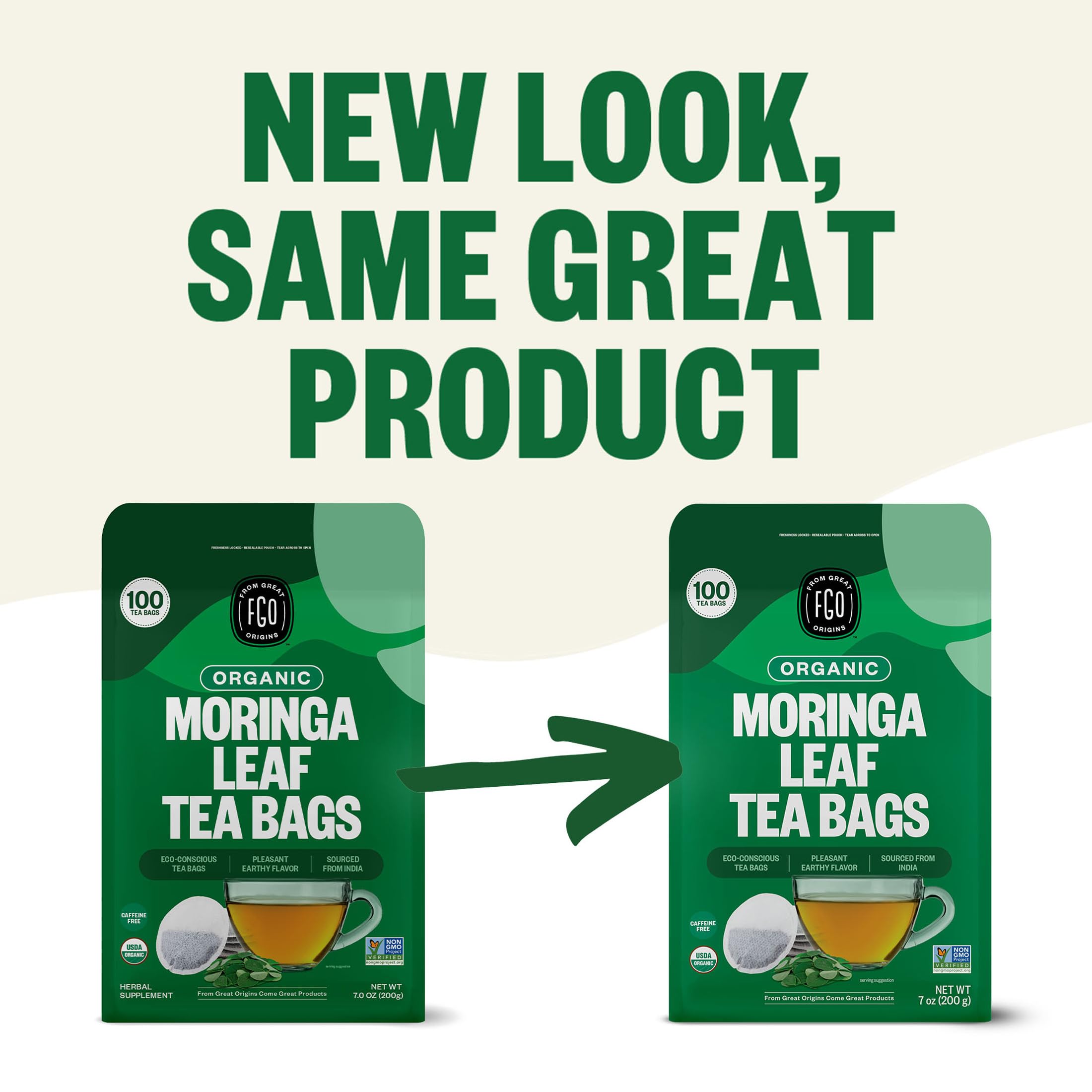 FGO Organic Moringa Mint Tea features Non-GMO seal for ingredient integrity.