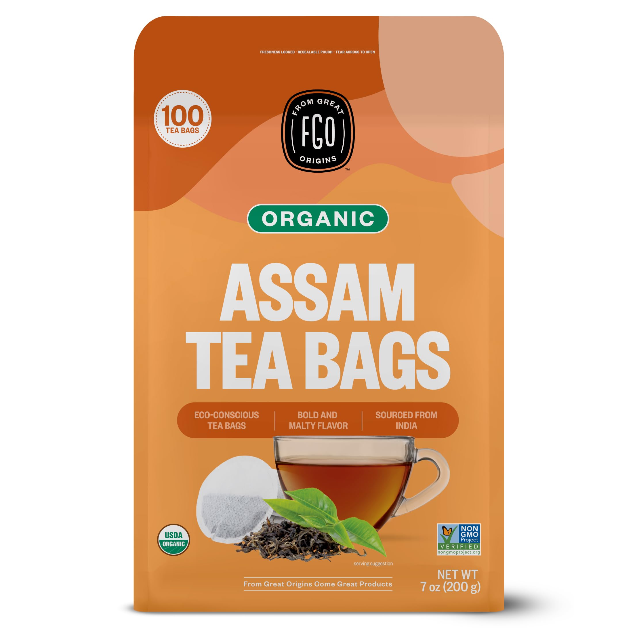 FGO Organic Assam Tea front view showing bold flavor for morning rituals